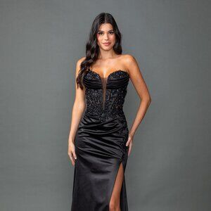 New Rhinestones Embellished Satin Ceremonial Dress w/ Sequins & Leg Slit DQ 4555